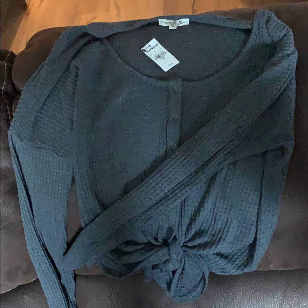 Express Waffle Knit Long Sleeve Tie Top